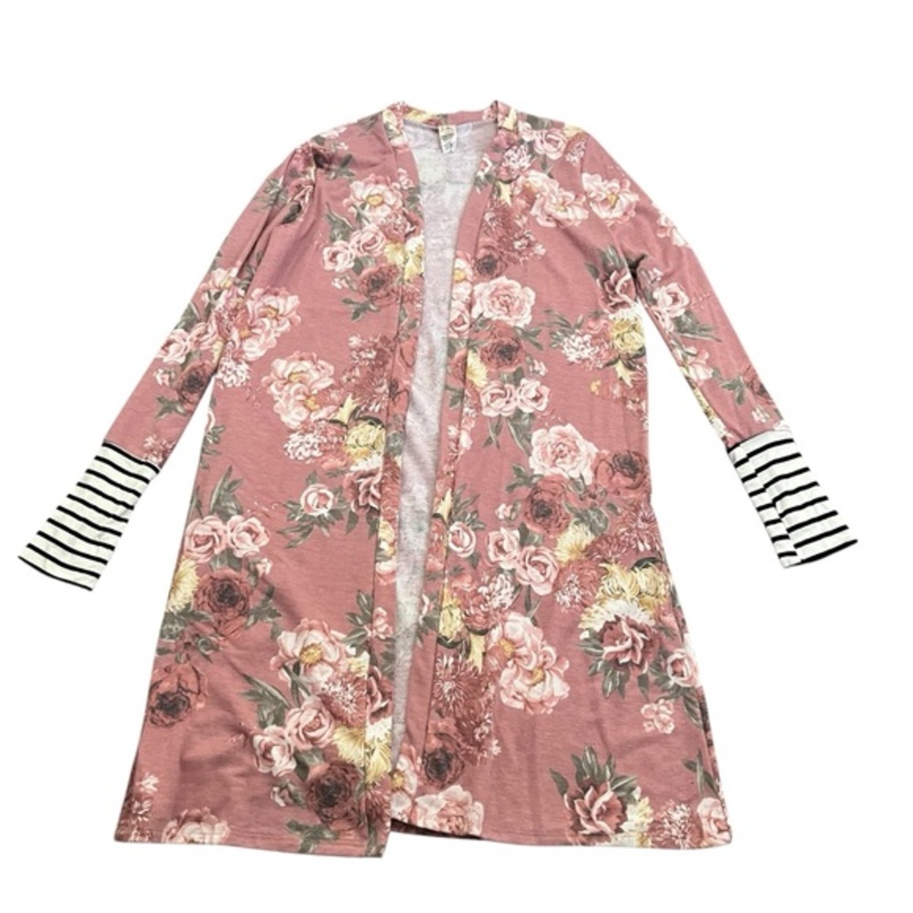 7th Ray Lightweight Floral Pink Striped Women's Cardigan Robe Size Large